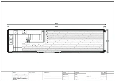 Top view architectural floor plan of a 13.5 meter narrow modular kitchen layout with L-shaped counter, sink, cooktop, bar seating, and sliding doors