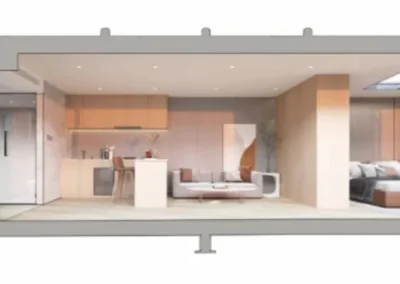 Bright modern modular home interior with open plan layout, large windows, and minimalist design finishes.