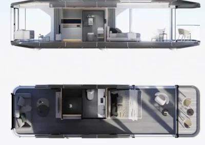 BAUSTADT Capsule House Model E8 interior layout cross section and top view floor plan