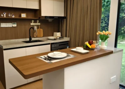 BAUSTADT Capsule House Model E8 compact kitchen with cabinets and countertop