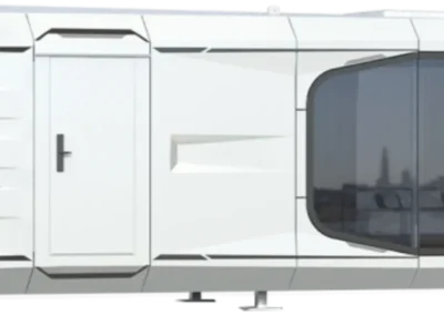 Side elevation view of BAUSTADT G70 modular space capsule house structure