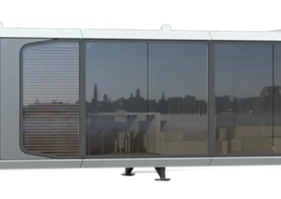 A70 glass cabin with sliding doors and modern aluminum frame exterior.