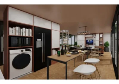 BAUSTADT Apple Cabin Model D1 compact kitchen and dining area with contemporary design