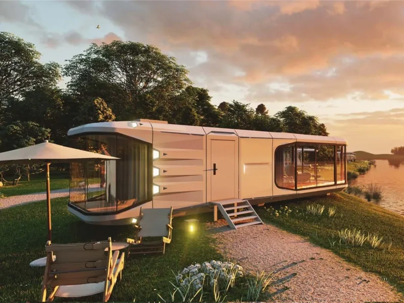 Luxury BAUSTADT modular house illuminated at sunset